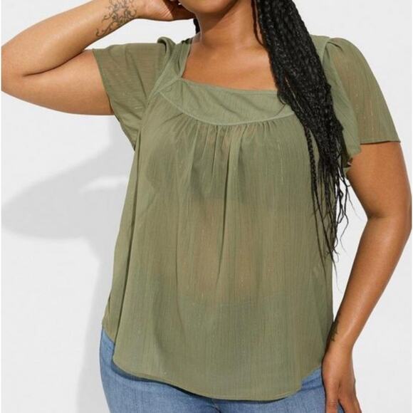 Torrid Olivine Crinkle Chiffon Flutter Sleeve Top - Picture 5 of 9